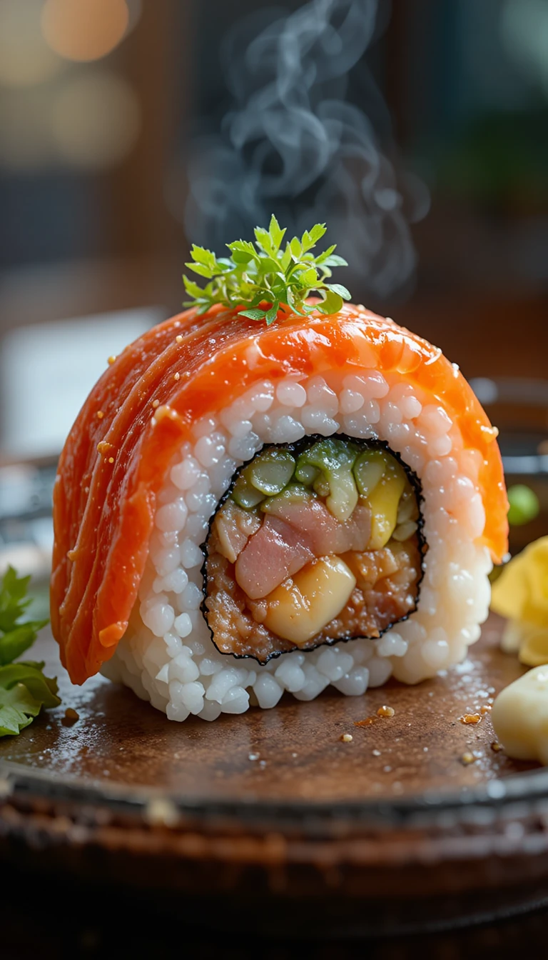 Pedaço colorido de sushi em prato japonês tradicional