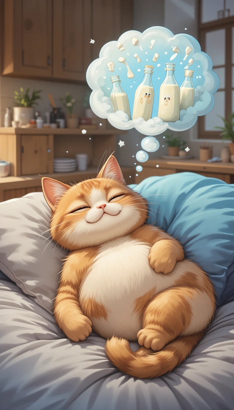 Gato fofo de desenho sonhando com leite em cama aconchegante