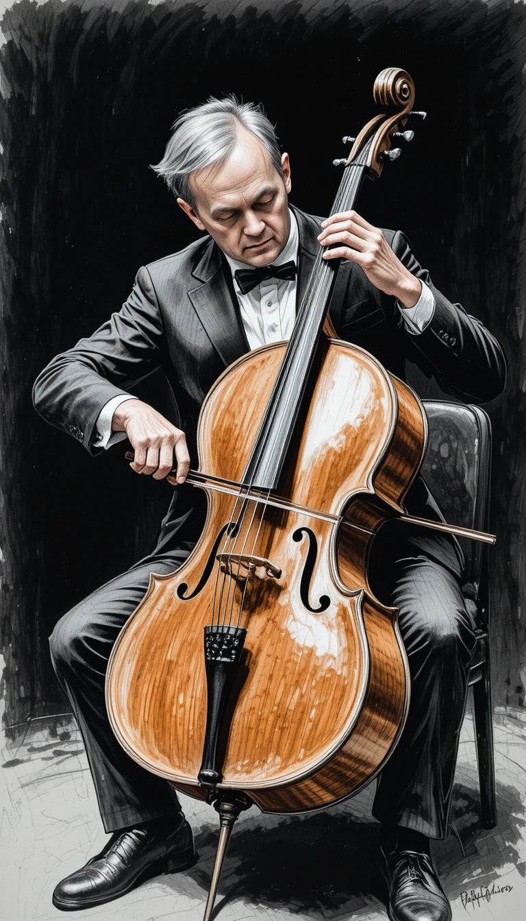 Cellist In Dark Suit Playing A Wooden Cello On Stage