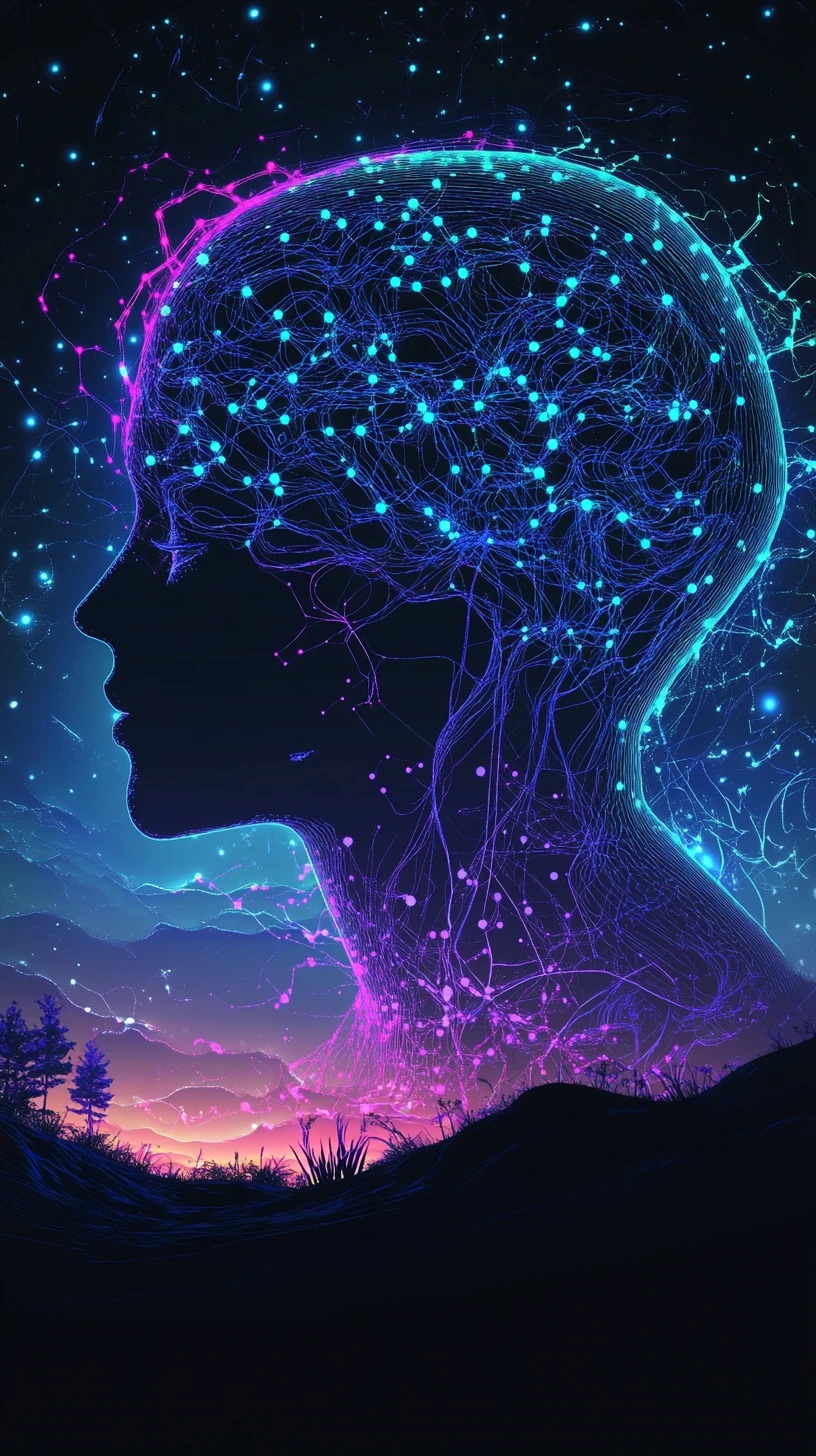 Silhouette di testa di profilo con linee luminose di rete neurale