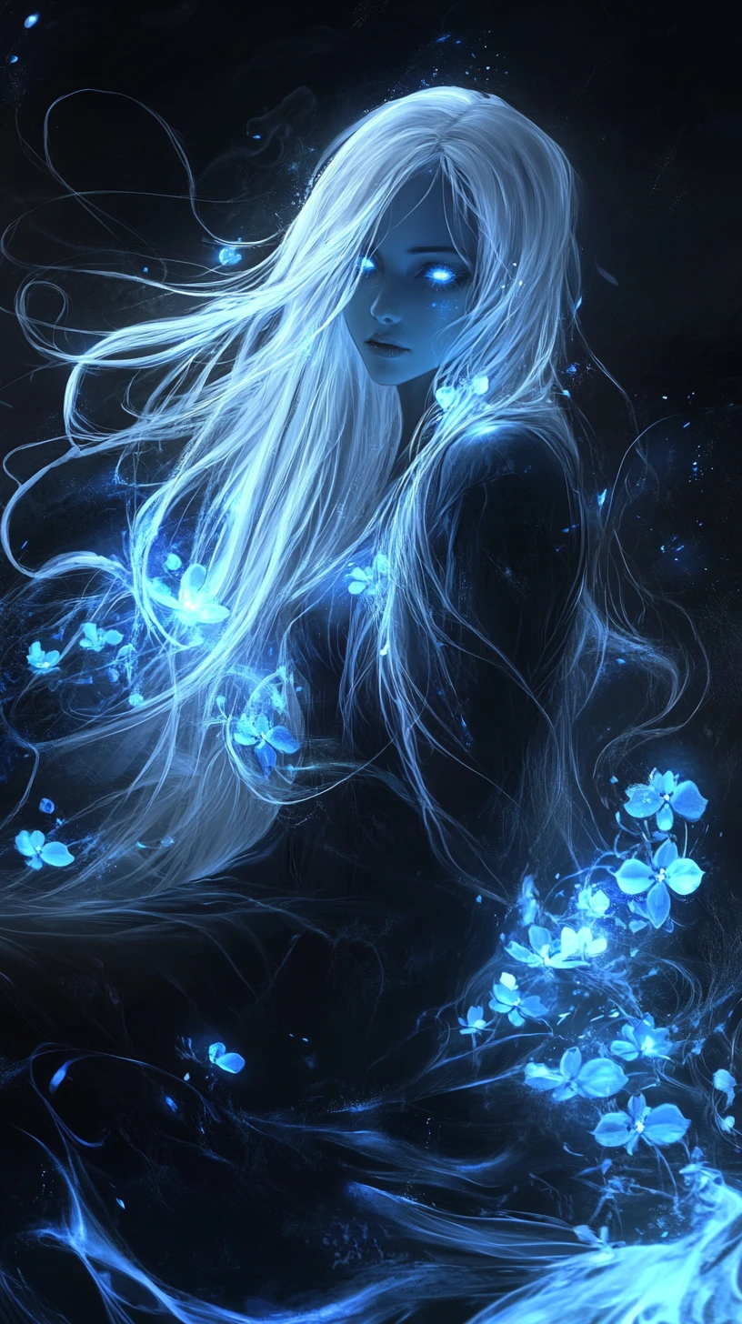 Ethereal ghostly woman with glowing blue eyes in void