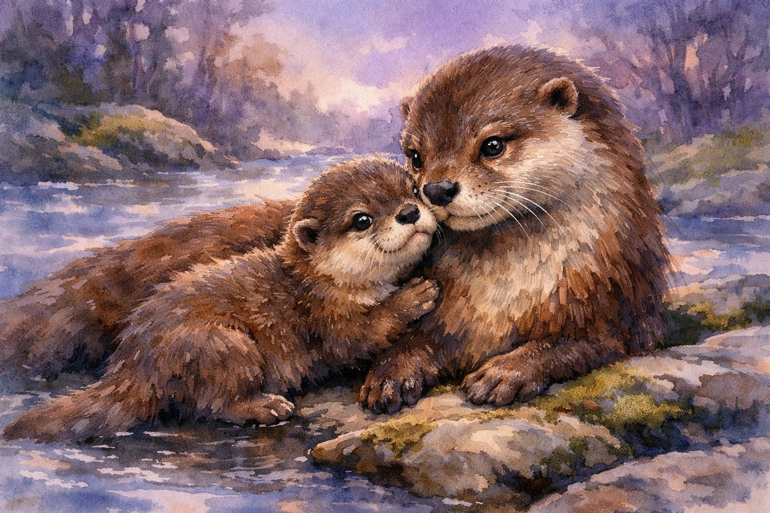 Aquarell von Ottermutter und Jungtier, die an der Flussuferdämmerung kuscheln