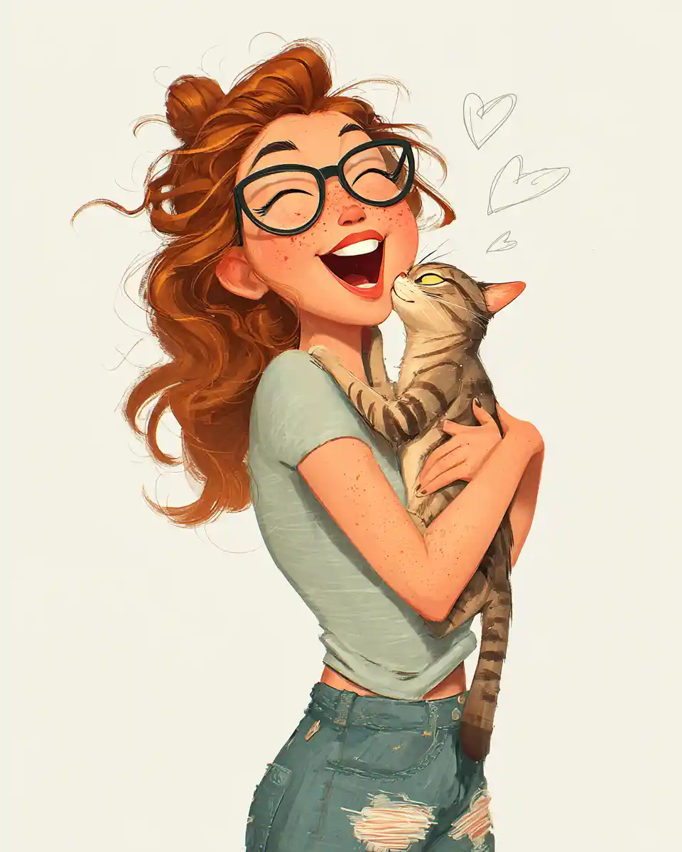 Joyful girl hugging a tabby cat with doodled hearts