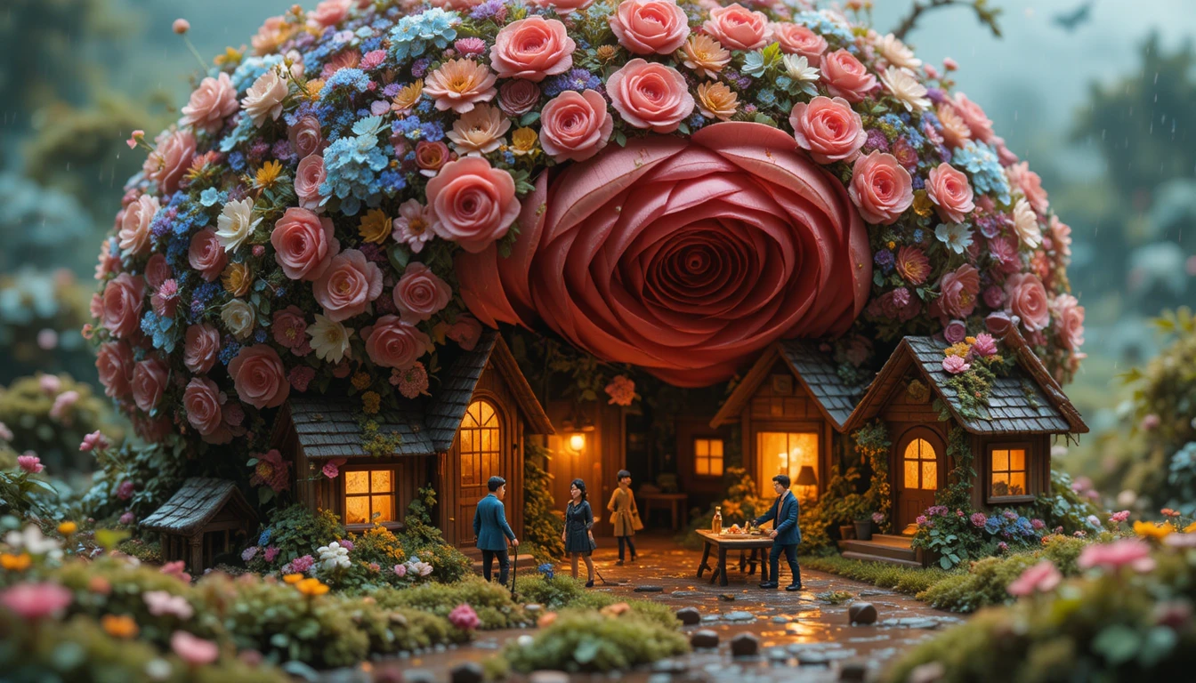 Miniature People Sheltering Under A Giant Wildflower Bouquet