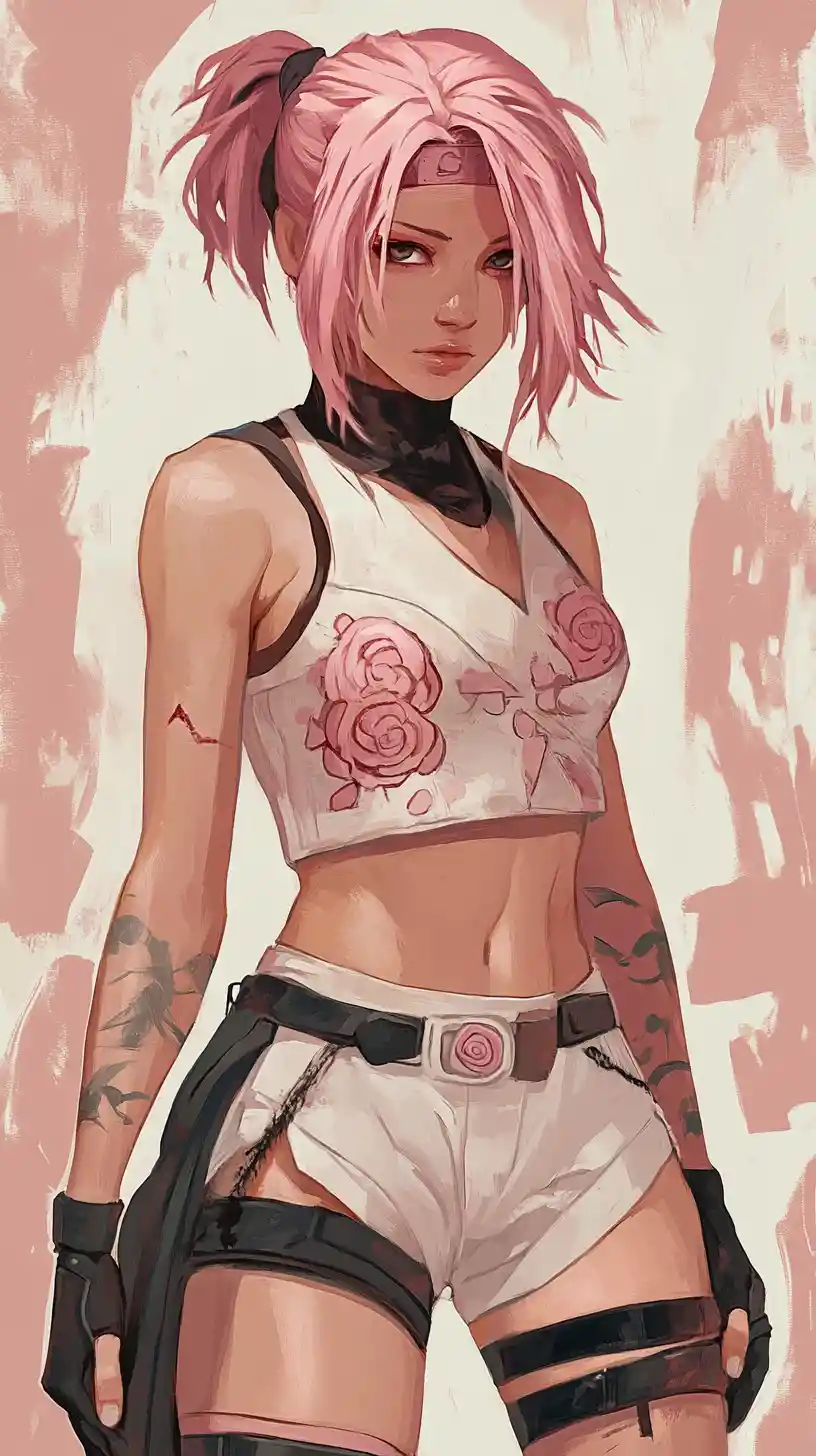 Pink haired anime woman in floral aviator jacket