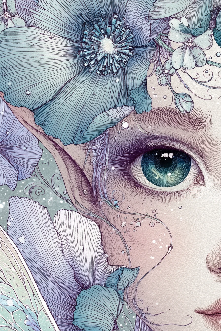 Ritratto di una gioiosa fata bambina in illustrazione ad acquerello e inchiostro
