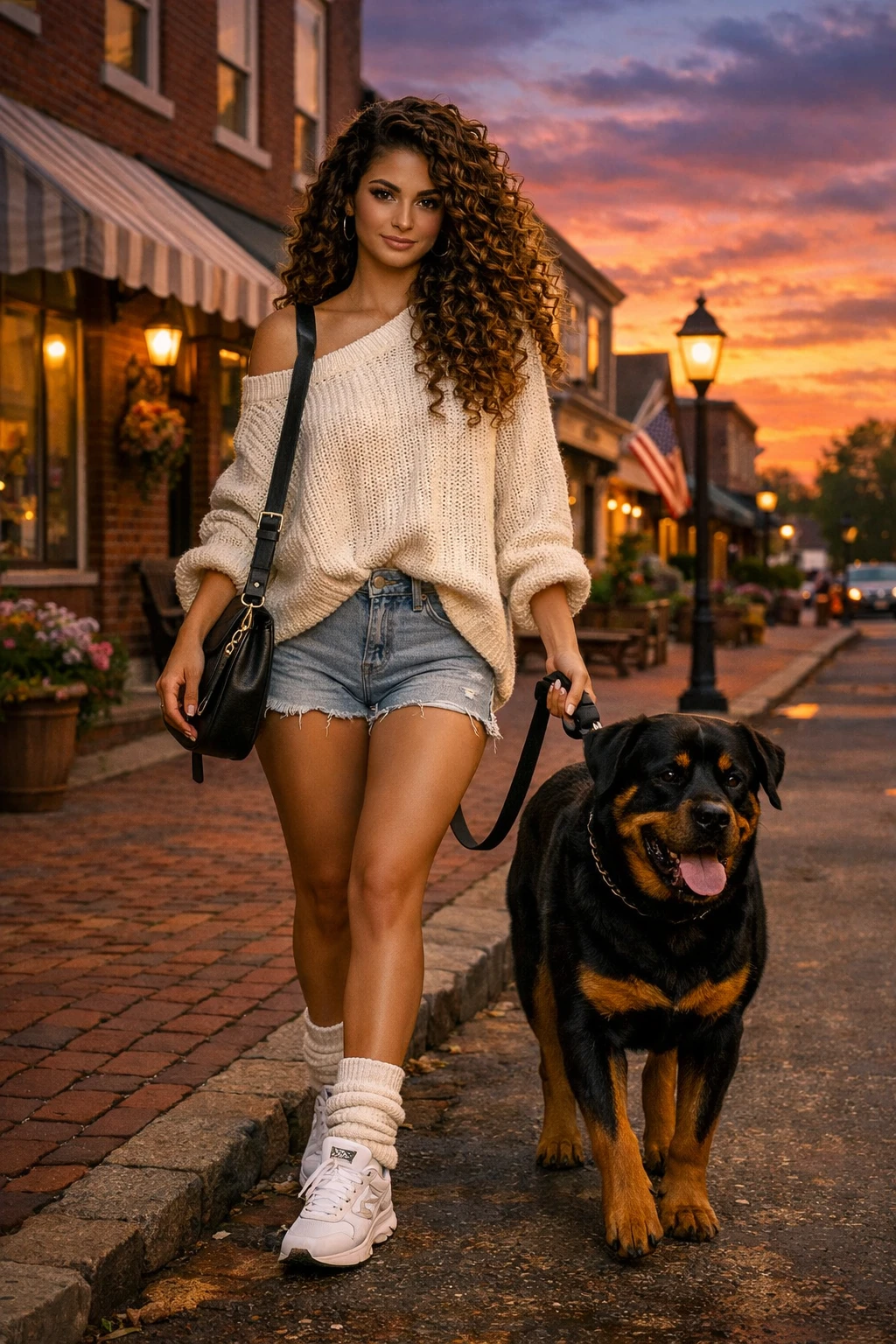 Fille promenant un rottweiler sur une place de ville chaleureuse au coucher du soleil