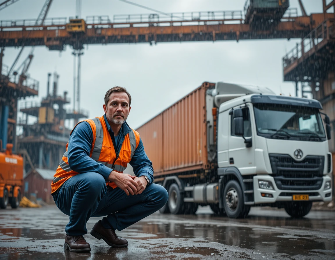 Ouvrier du bâtiment chargeant un tonneau sur un camion sous une forte pluie