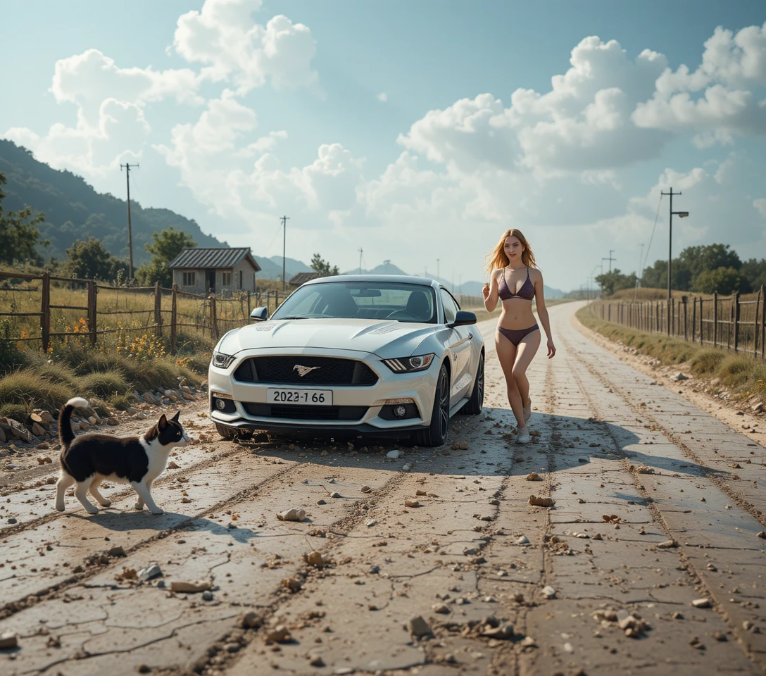 Mulher loira de biquíni preto posando ao lado de carro preto personalizado