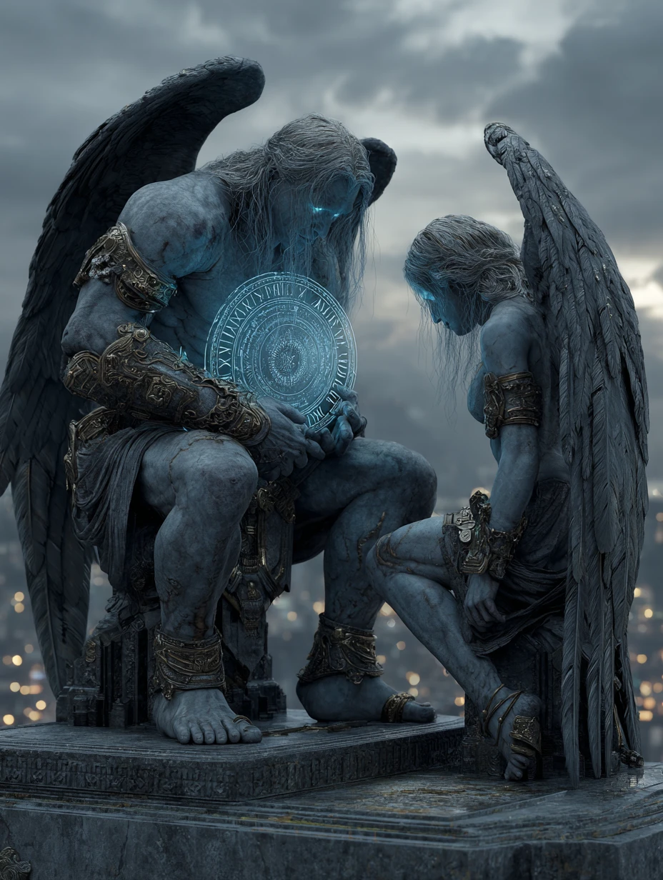 Guardianes alados de piedra arrodillados ante un portal temporal brillante