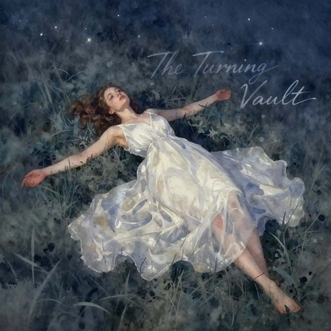 Young woman in a dreamy watercolor night field scene