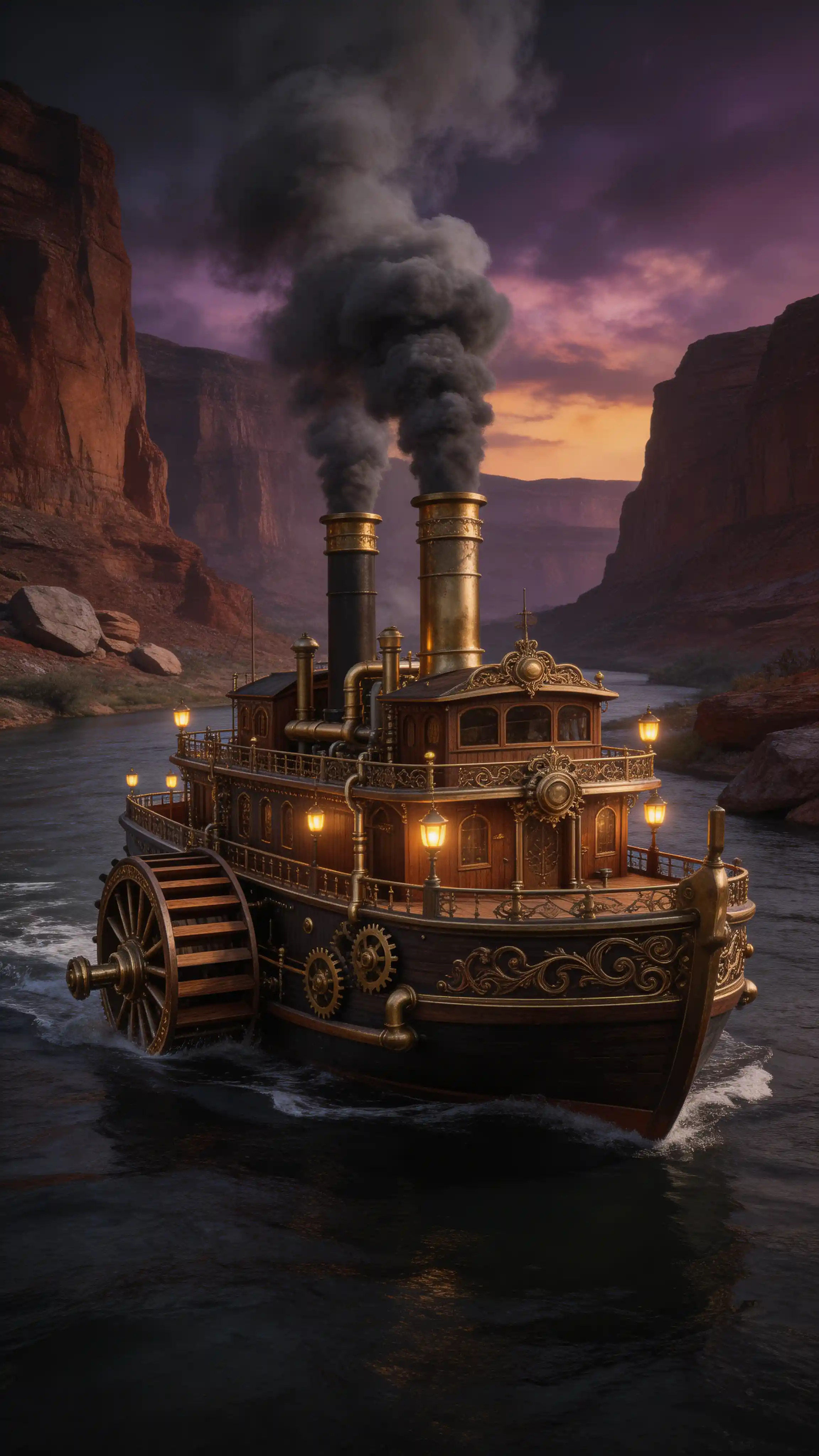 Majestic steampunk steamship on a rugged river canyon