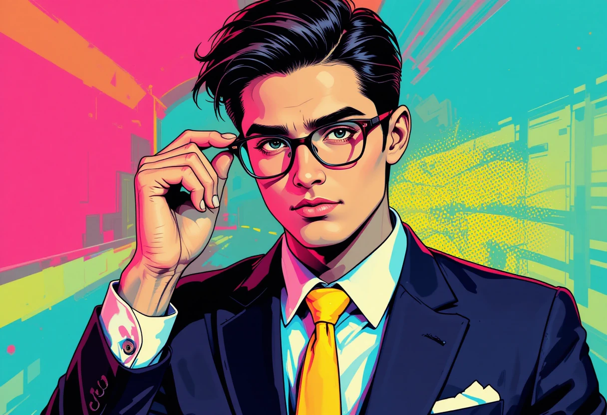 Jeune homme confiant en costume ajustant ses lunettes dans un style pop art