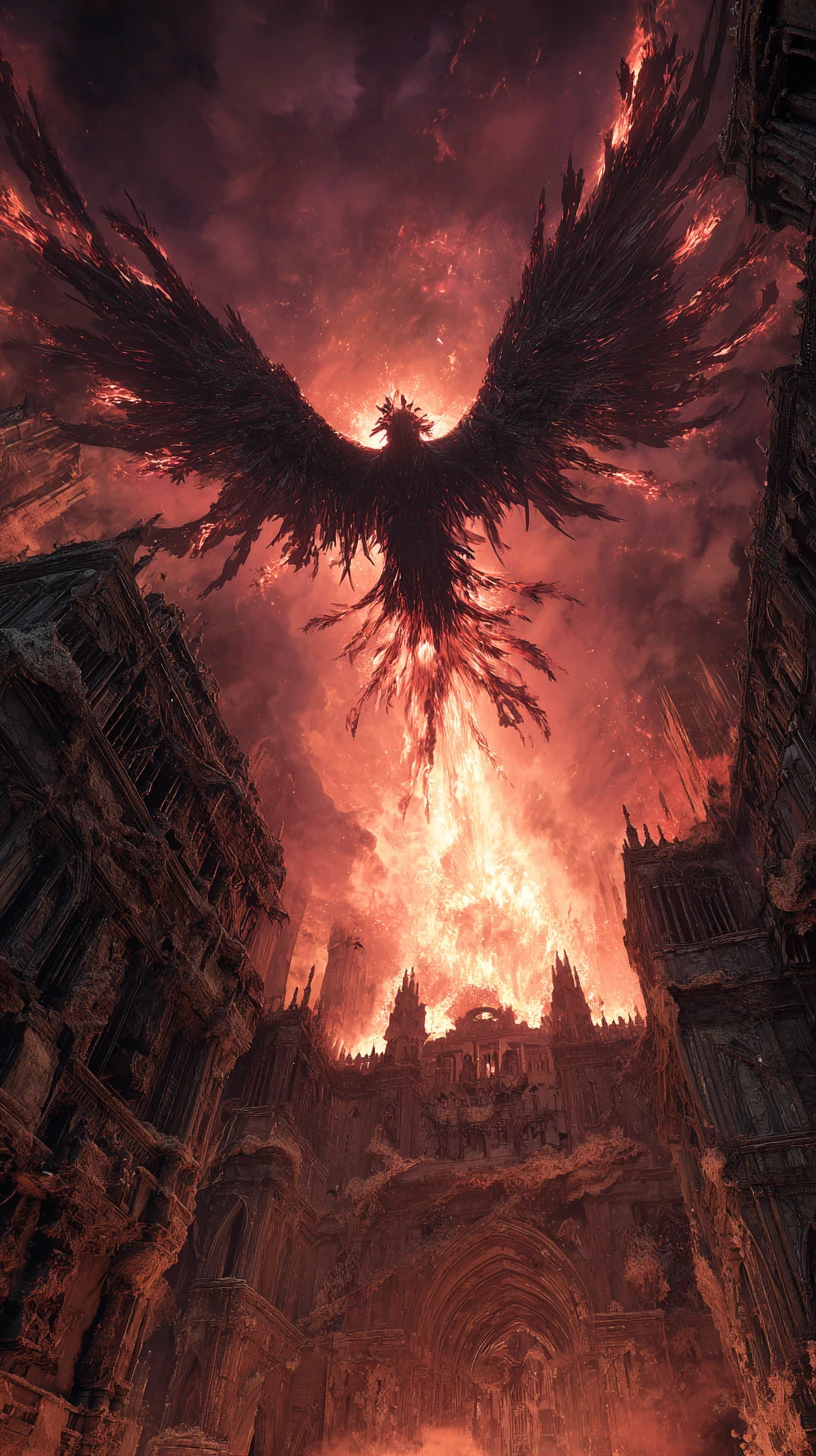 Fênix antiga renascendo das ruínas de catedral gótica em chamas