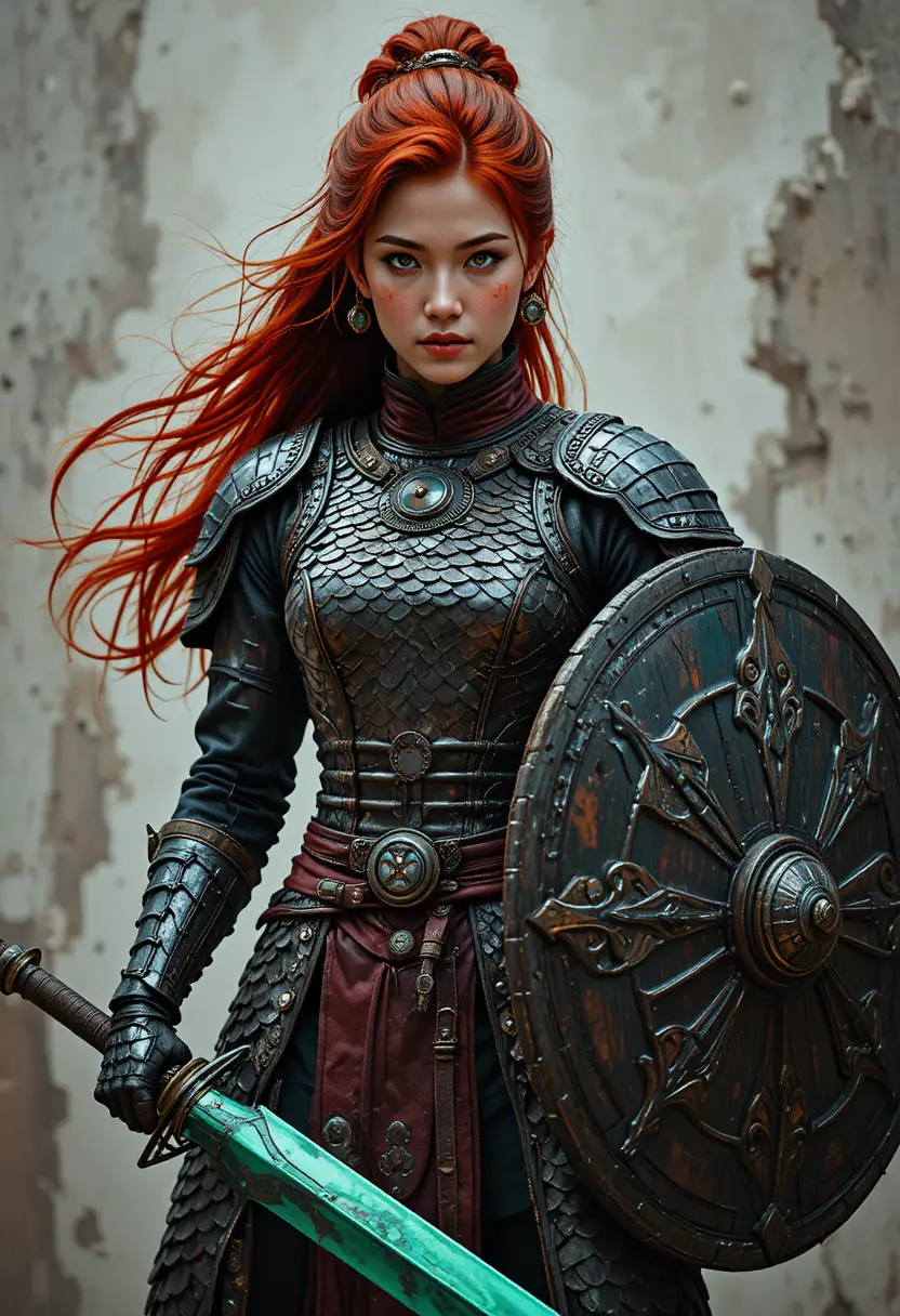 Laotian warrior woman with glowing sword and battle scarred shield