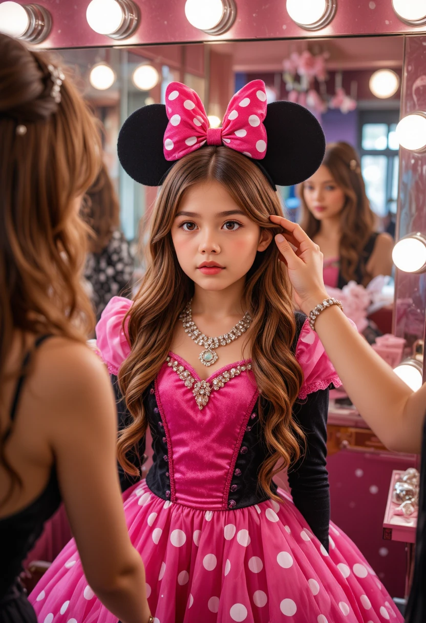 Menino com vestido da Minnie Mouse em frente ao espelho de maquiagem