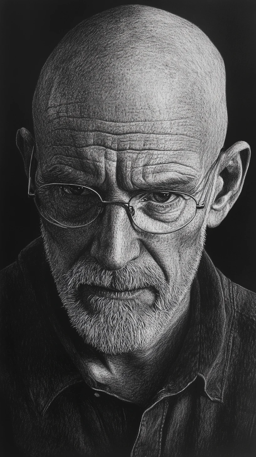 Retrato en grafito de un hombre calvo con gafas y mirada intensa