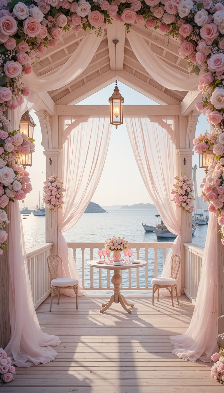 Romantischer Pavillon am Meer mit Rosen und intimer Tischdekoration