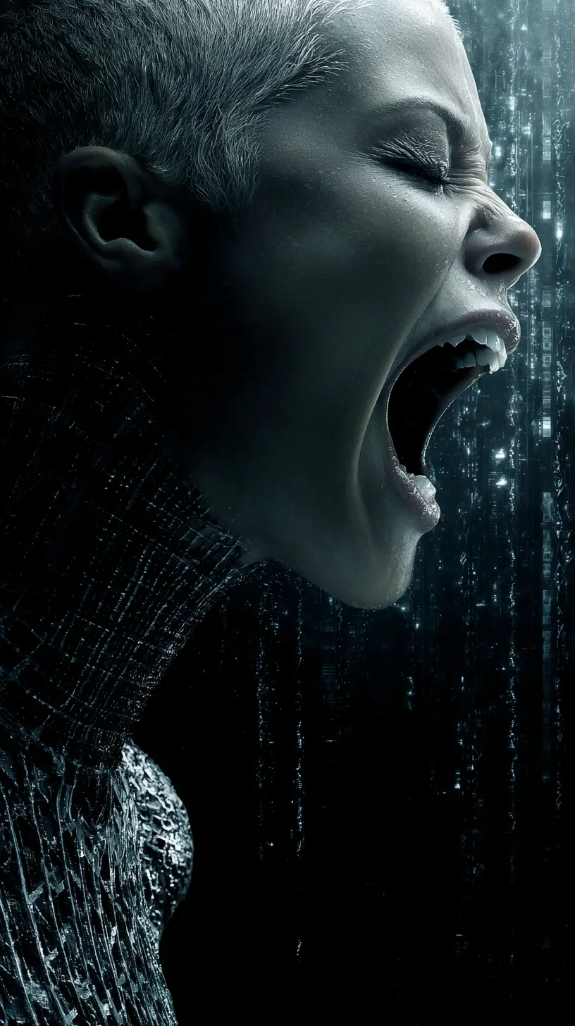 Pale cyborg priestess looming in dark futuristic scene