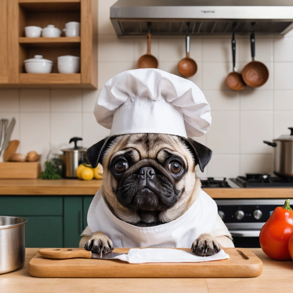 Chef pug alegre em uma cozinha aconchegante vestindo roupa de cozinheiro