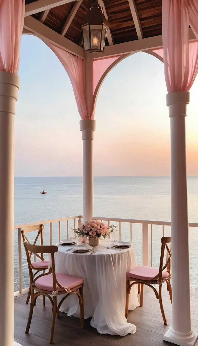 Kiosque romantique en bord de mer avec roses et lumière de lanternes
