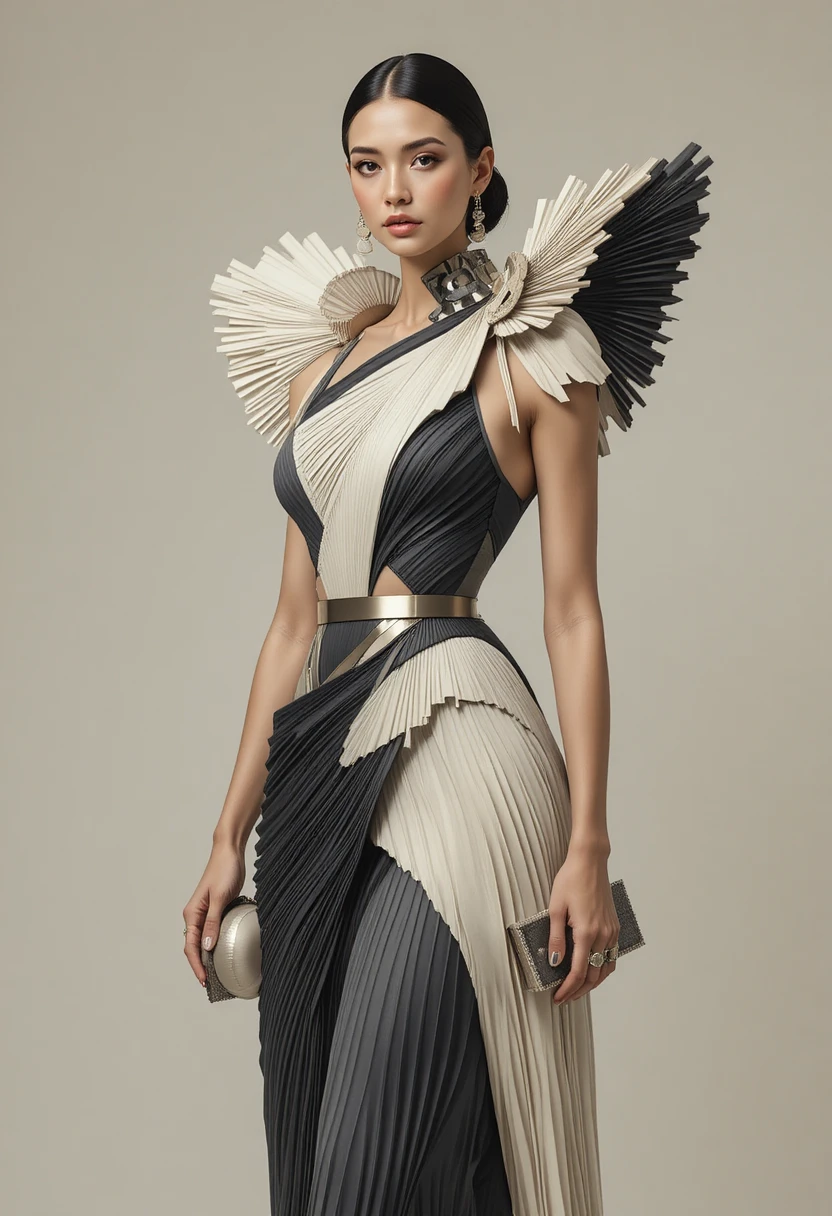 Retrato de moda vanguardista de mulher em vestido escultural