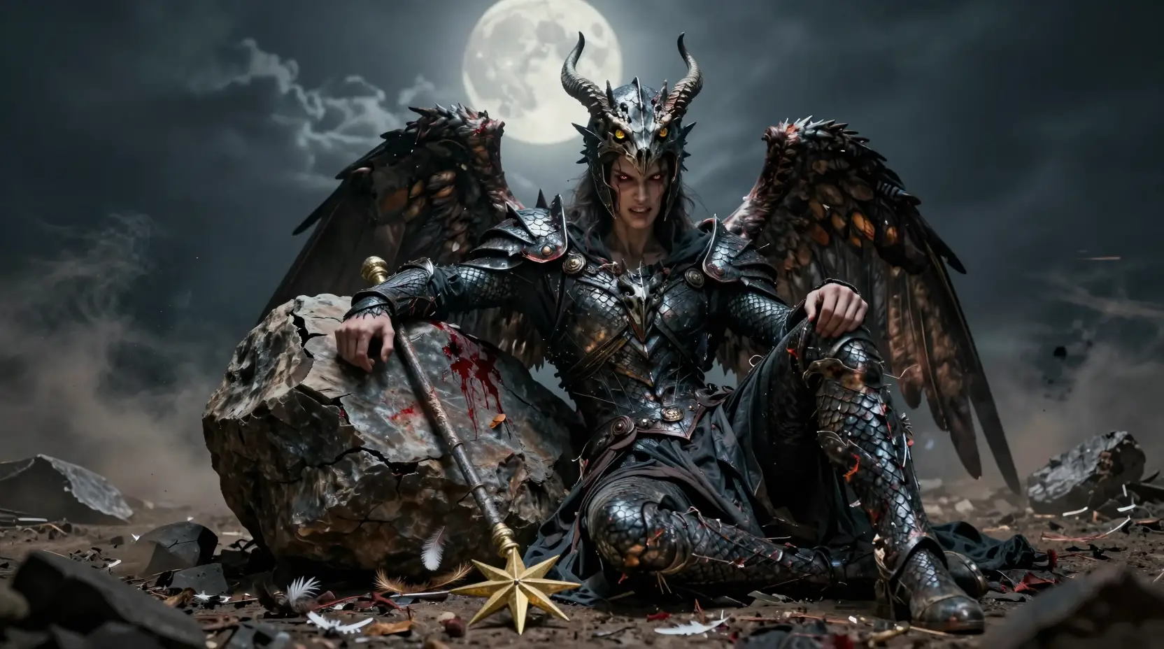 Wounded fallen angel resting against a bloodstained boulder