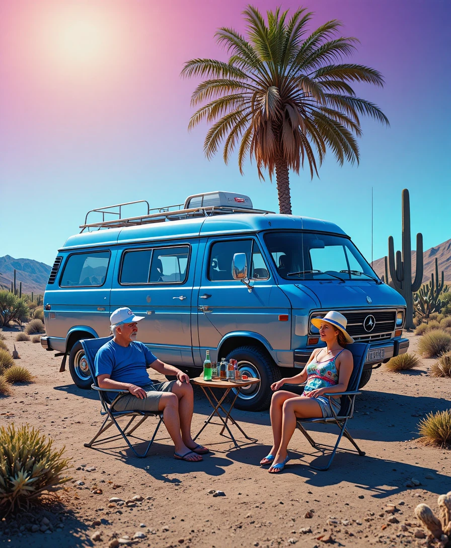 Fourgon utilitaire vintage bleu garé dans une oasis désertique