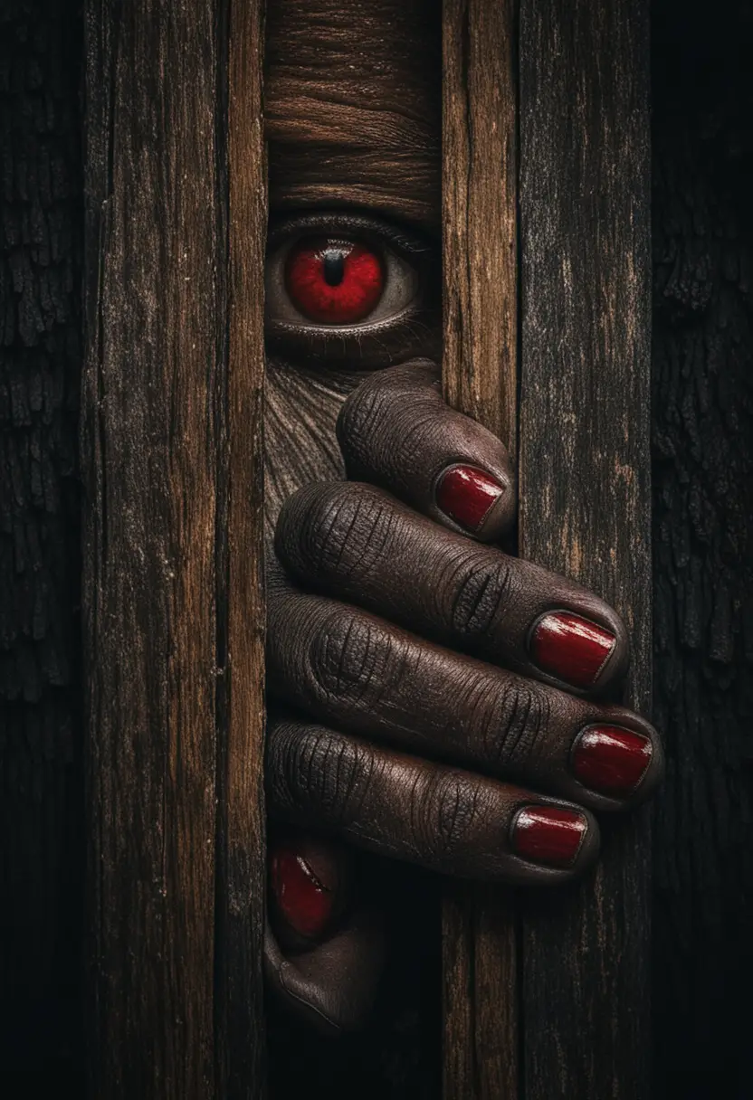 Human eye and clenched hand peering through wooden crack