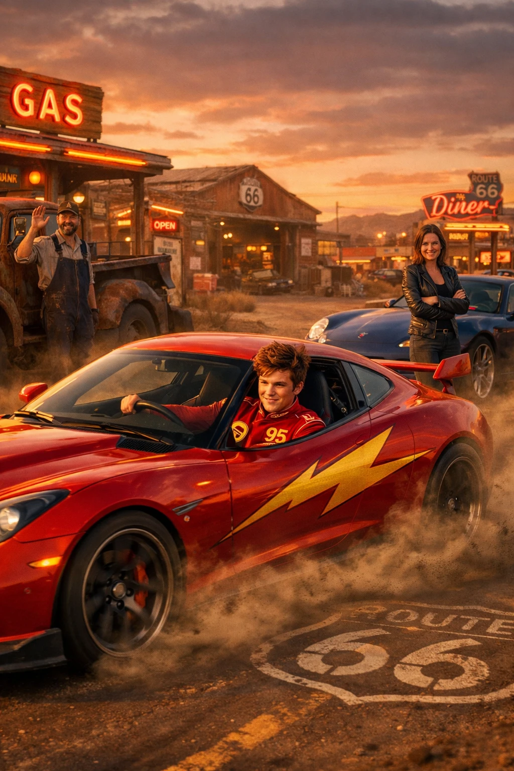 Red sports car racing along a dusty desert highway