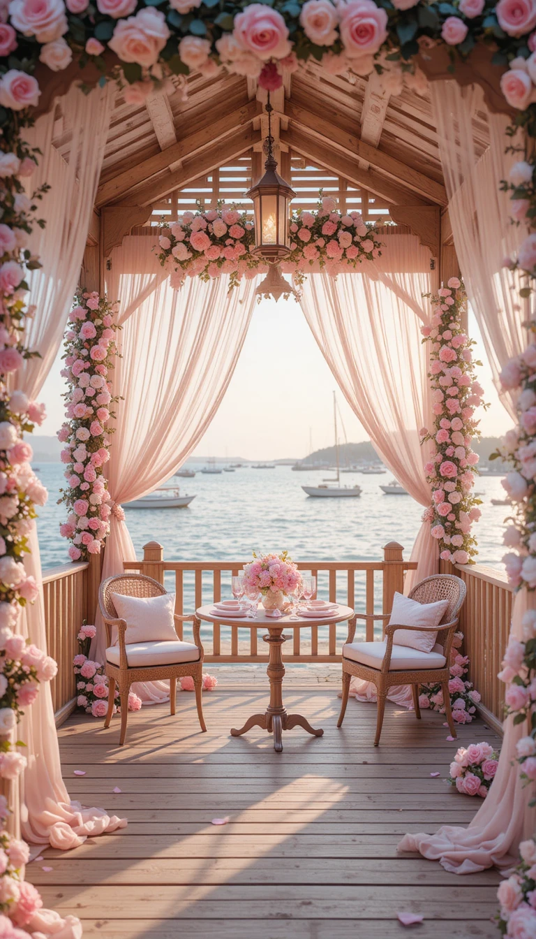 Romantischer Pavillon am Meer mit Rosen und laternenbeleuchtetem Tisch