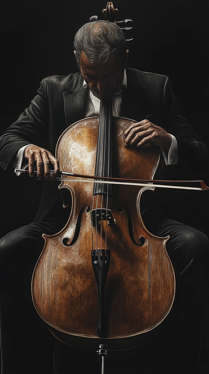 Seated cellist playing a wooden cello in dramatic light