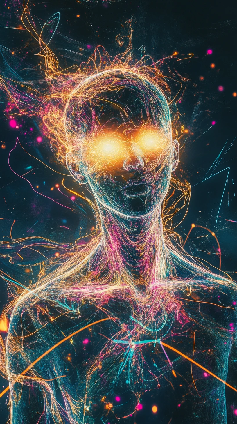 Glowing line figure with luminous eyes in abstract colors