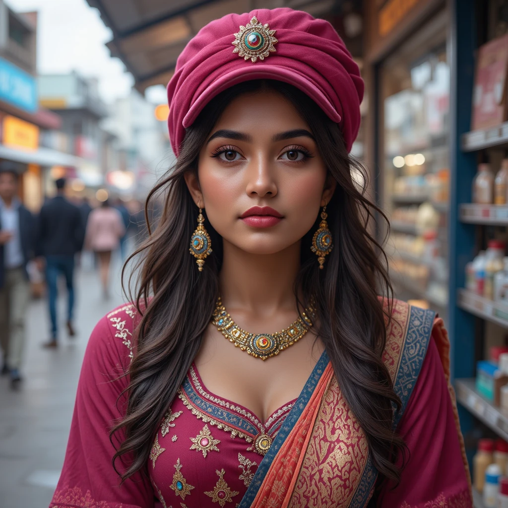 Perroquet coloré avec accessoires volant au-dessus d’un marché de rue indien