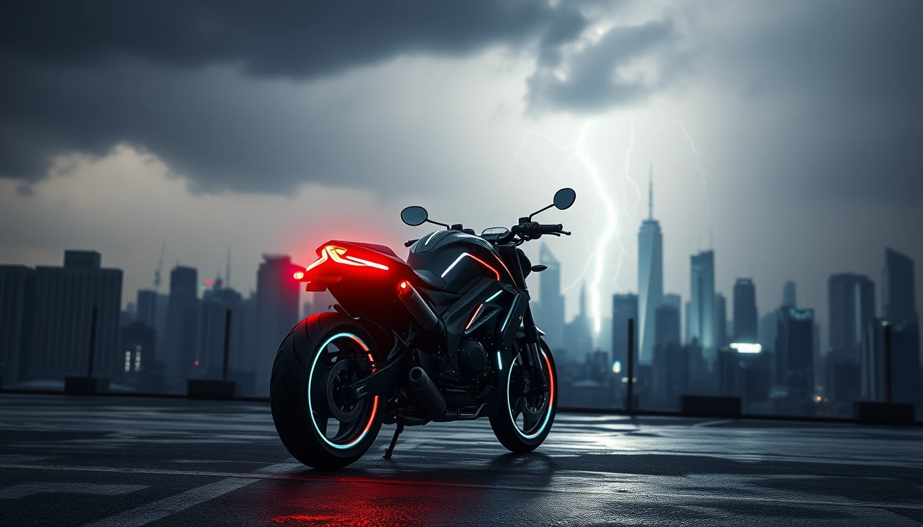 Corrida de motocicleta cyberpunk por uma cidade futurista em tempestade