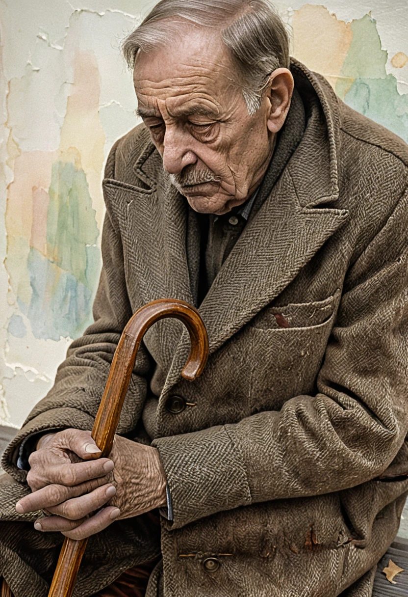 Anciano descansando solo en un banco de calle desgastado
