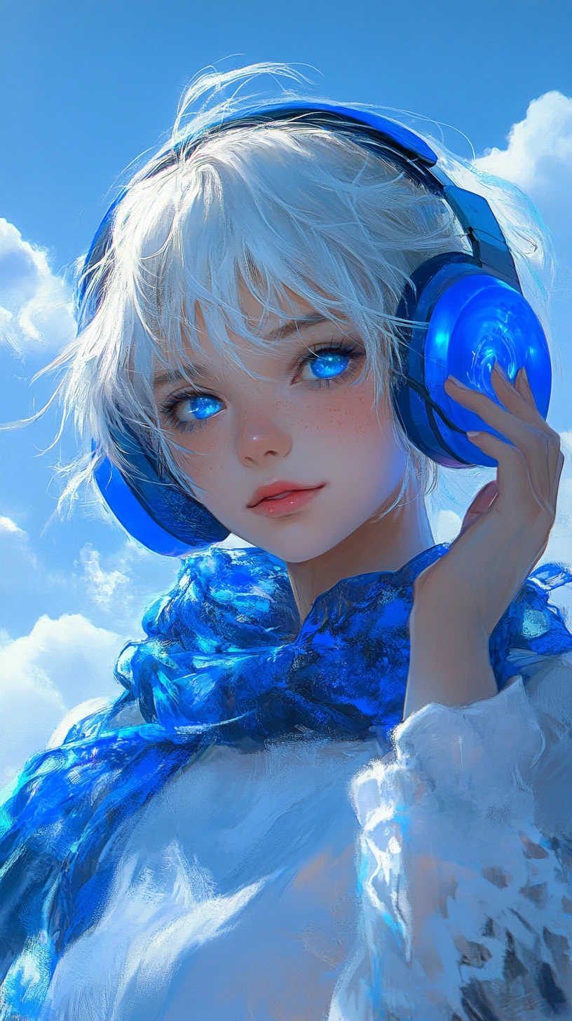 Anime-Mädchen mit blauen Kopfhörern unter hellem Himmel