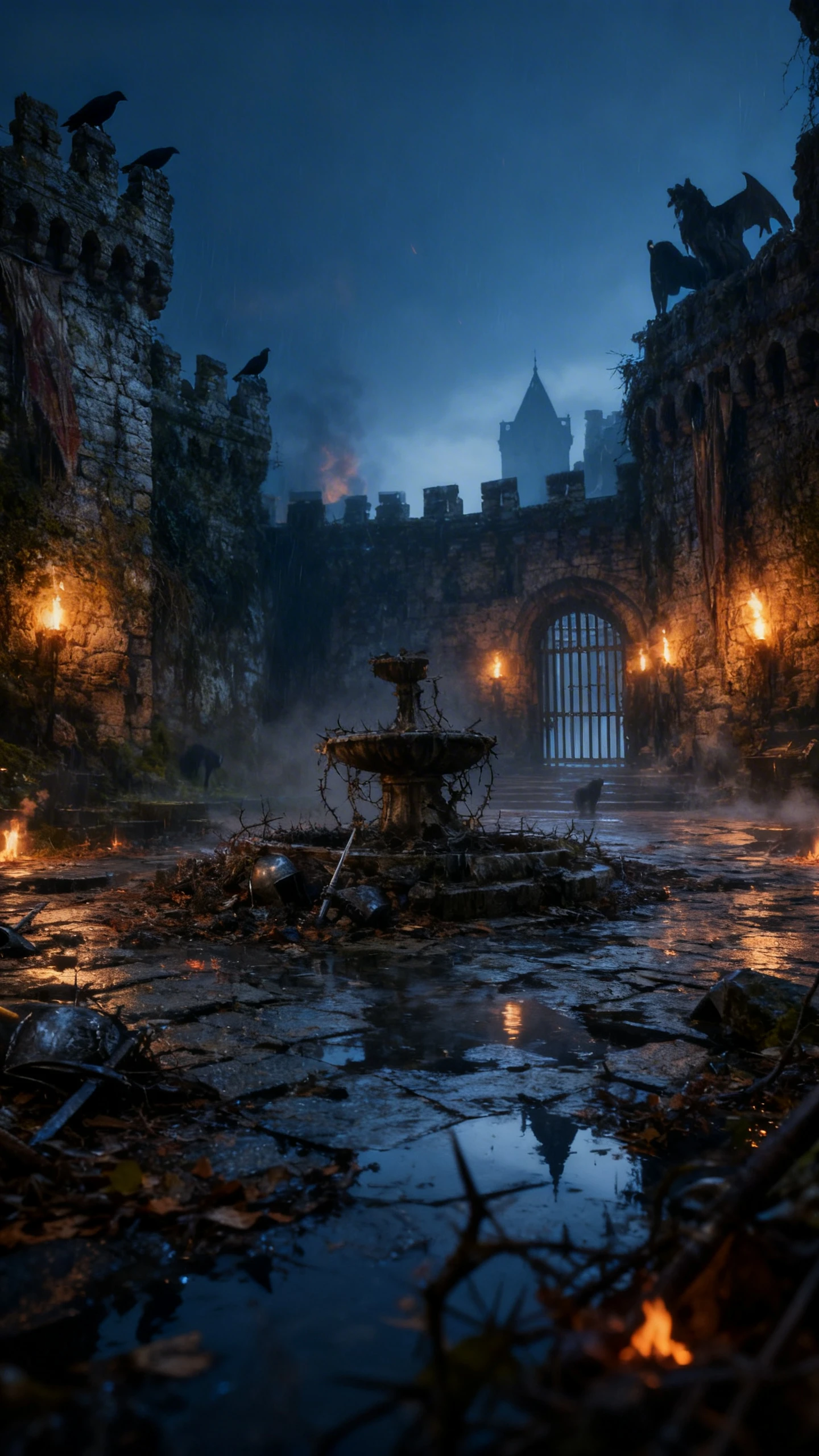Pátio de castelo de fantasia sombria sob céu iluminado por uma lua sinistra