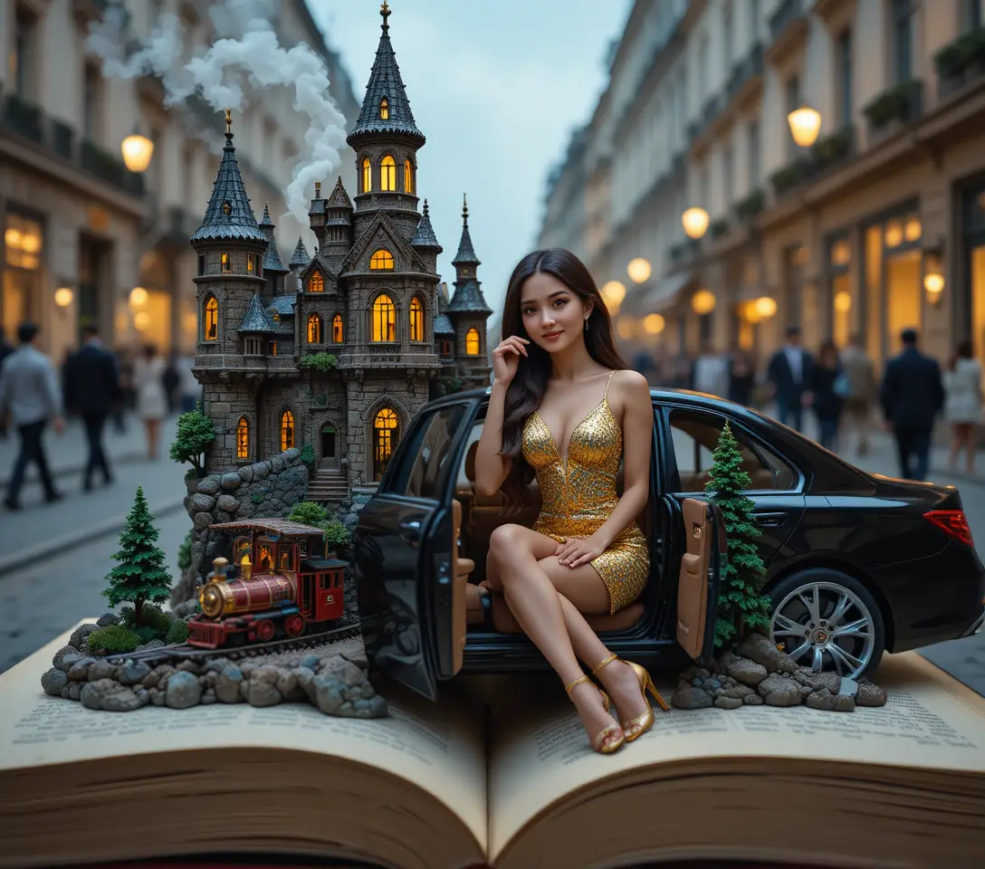Miniature stone castle rising from an open storybook