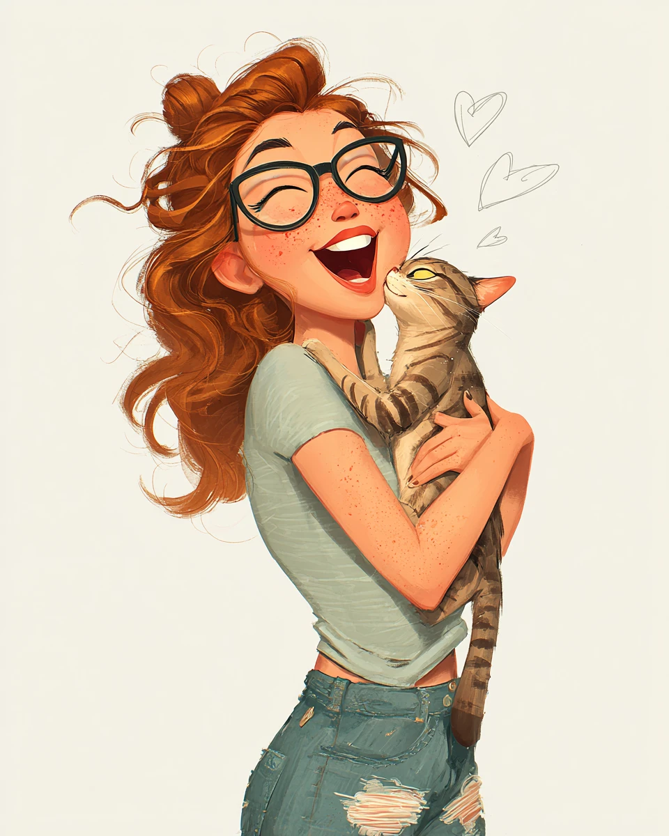Joyful girl hugging a tabby cat with doodled hearts