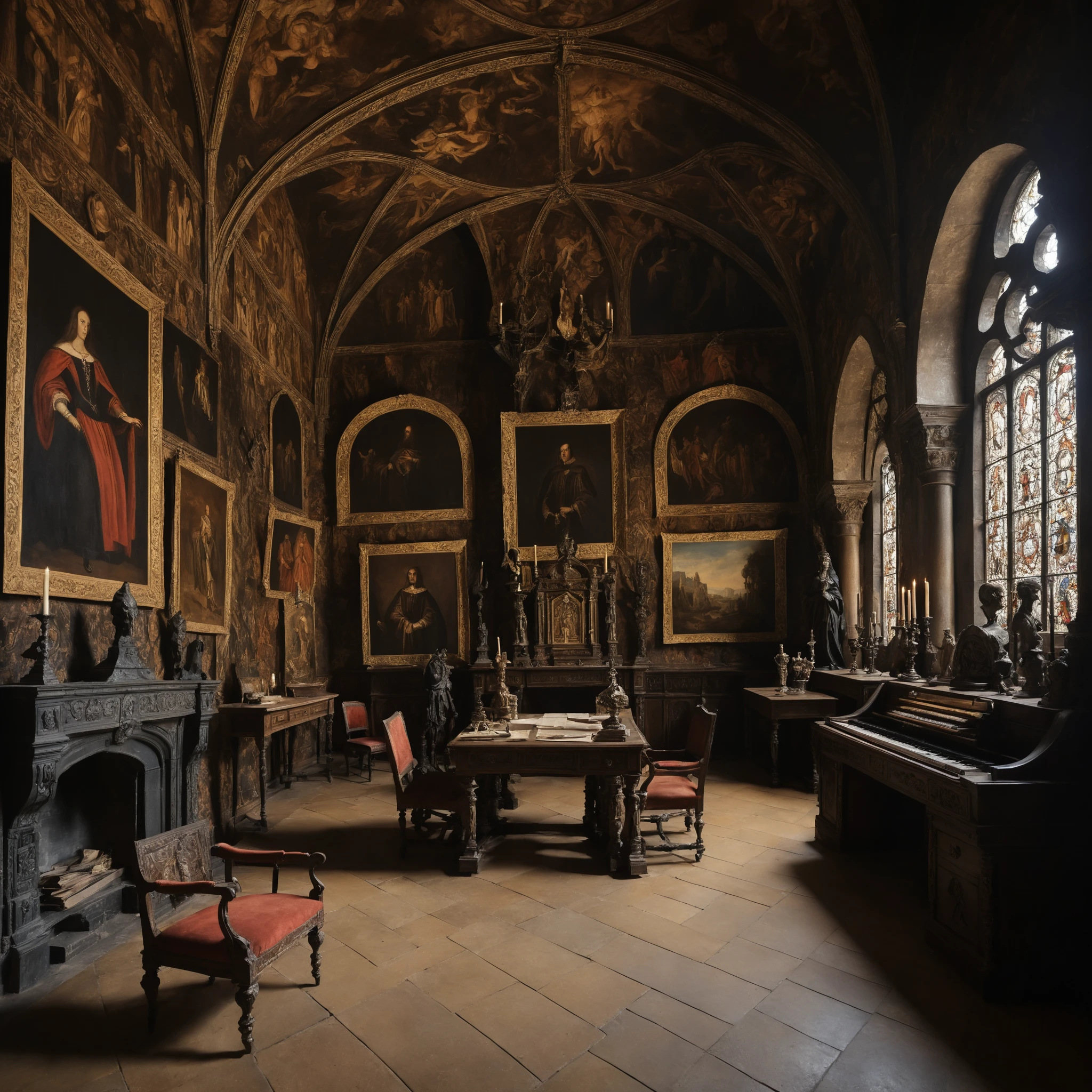 Dramatische Fackelhalle in einem alten gotischen Schloss