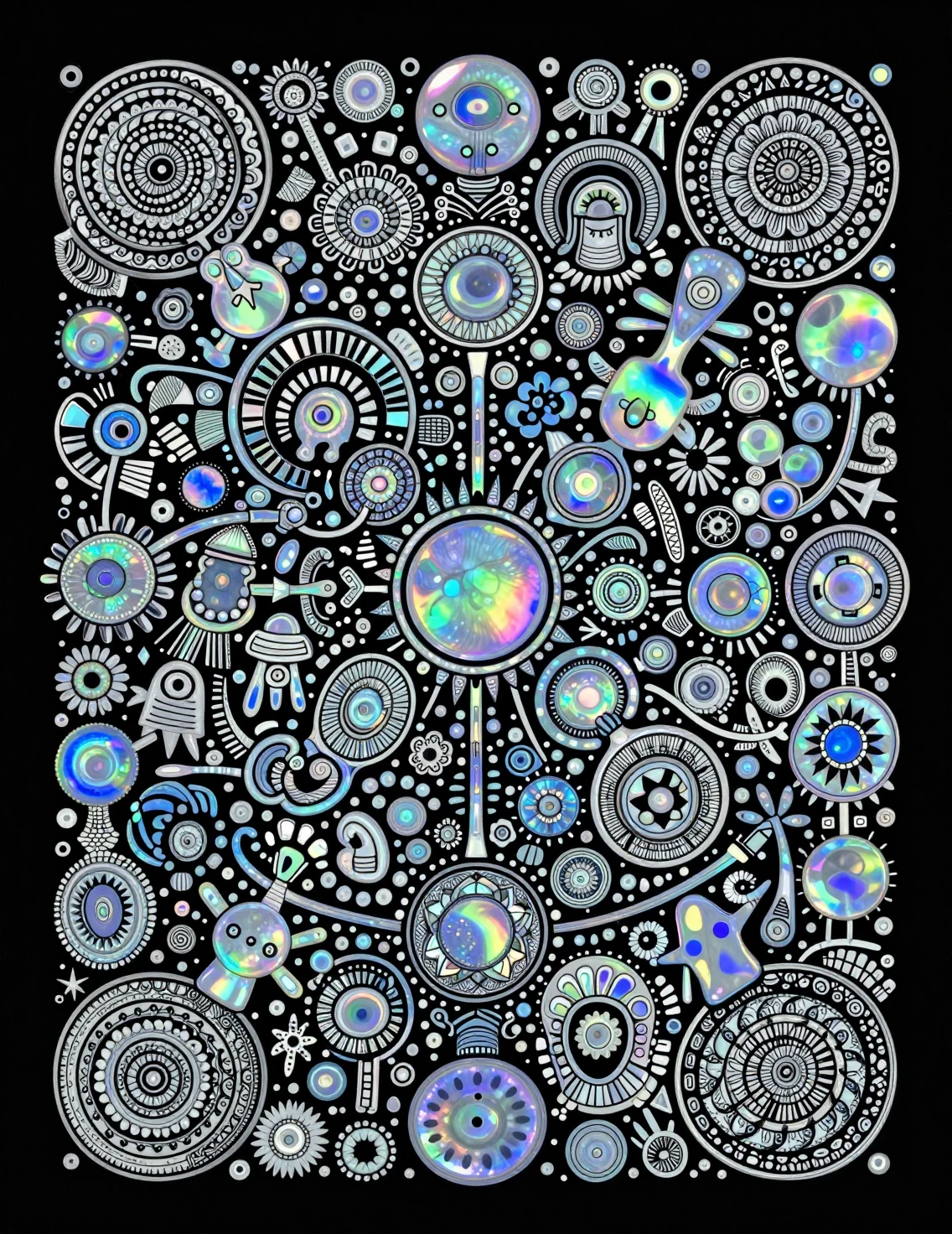 Disegno opalescente in stile zentangle su sfondo nero puro