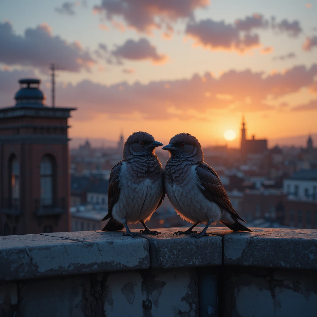 Deux oiseaux se reposant ensemble sur un toit calme au coucher du soleil