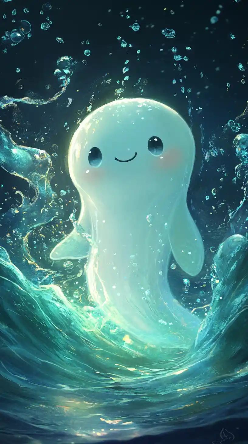 Cute glowing wave character in pastel ocean scene