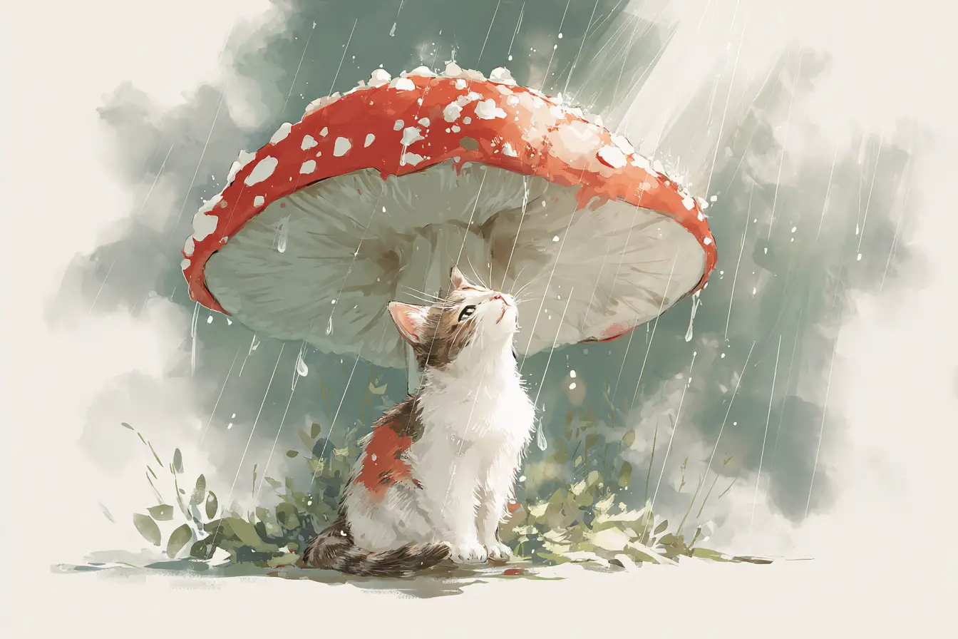 Gatto anime riparato da un fungo rosso sotto una pioggia leggera