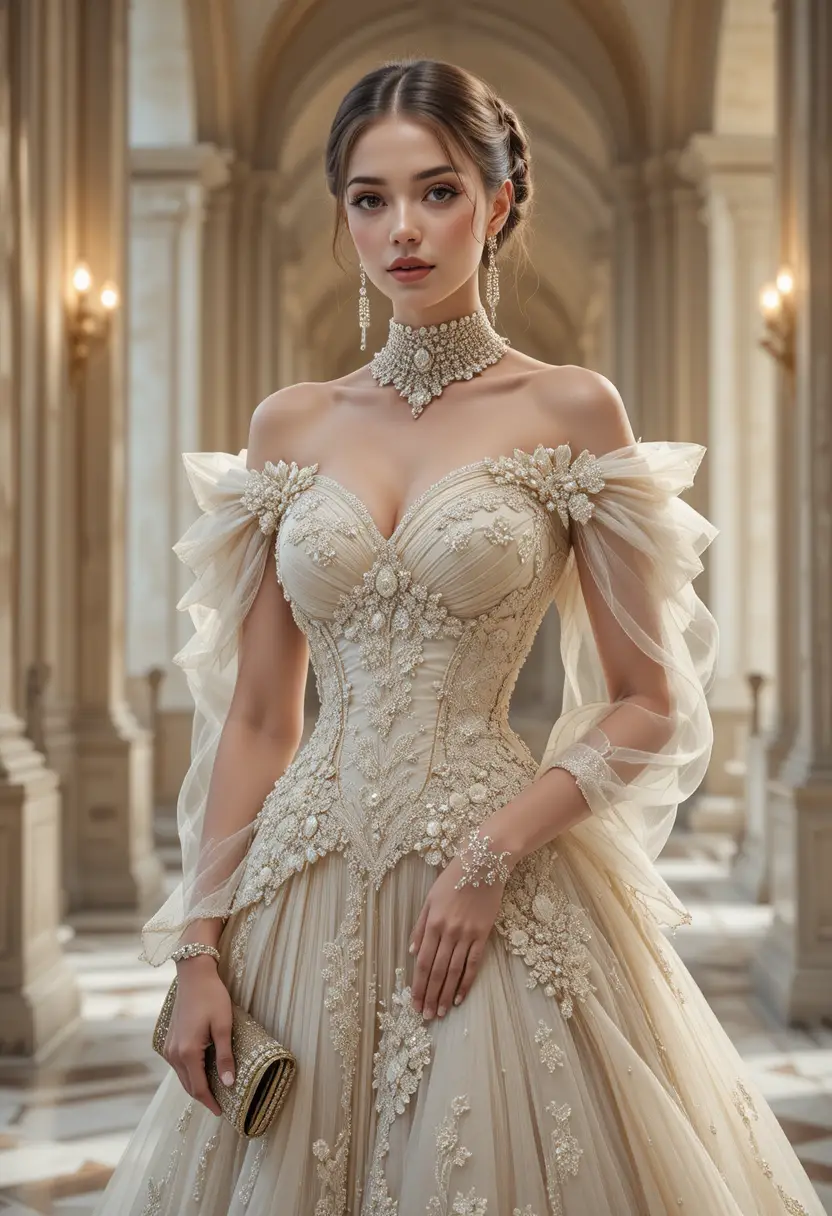 Mulher elegante de moda couture em interior clássico