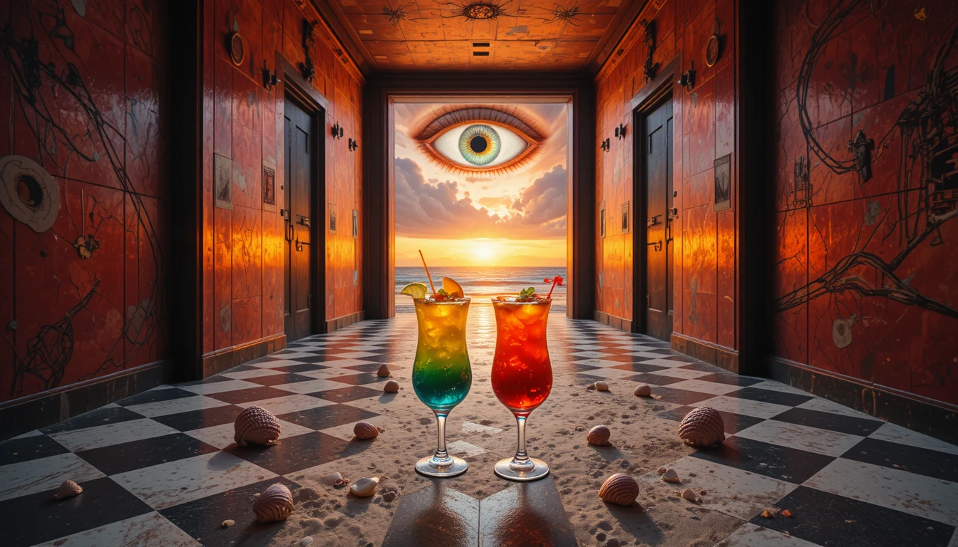 Surrealer Flur mit wachsamem Auge und ferner stürmischer Türöffnung