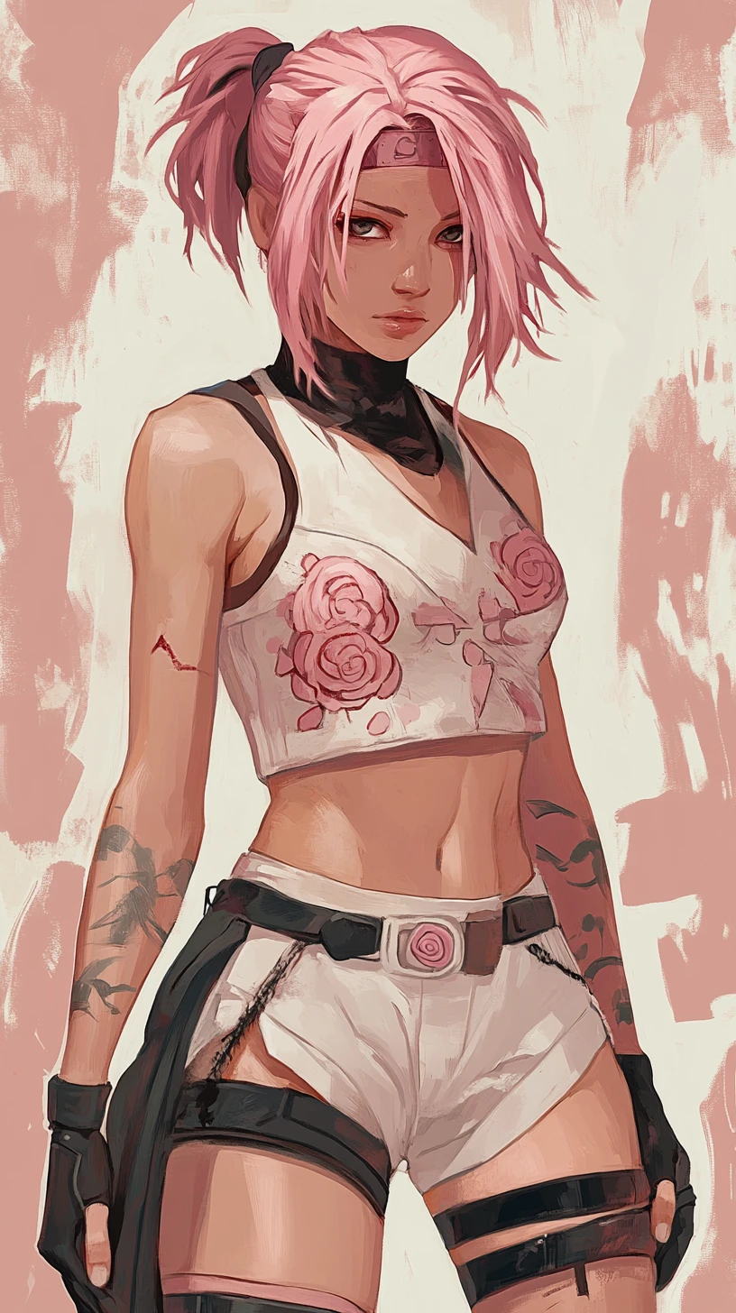 Pink haired anime woman in floral aviator jacket