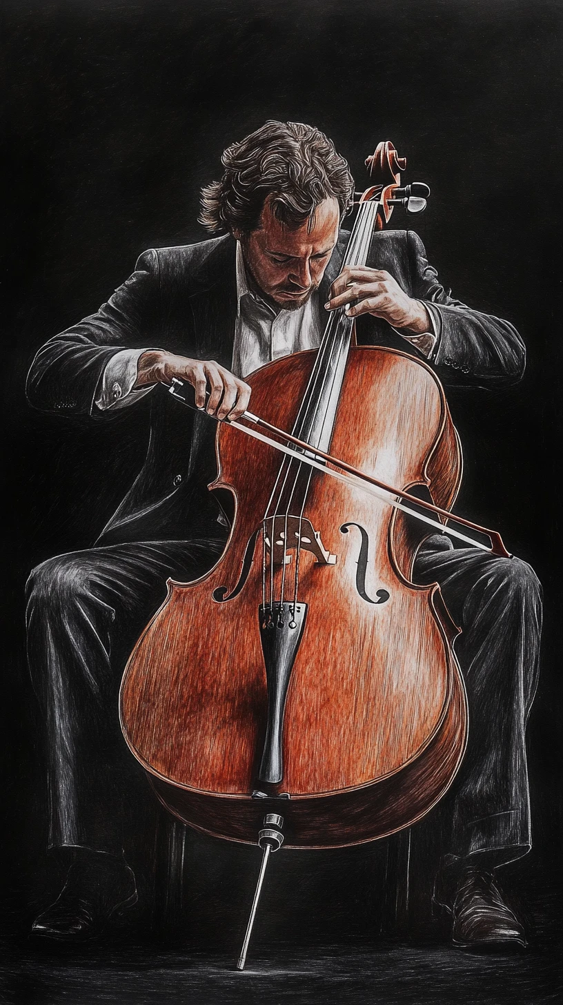Violoncelo de terno escuro tocando um violoncelo de madeira no palco