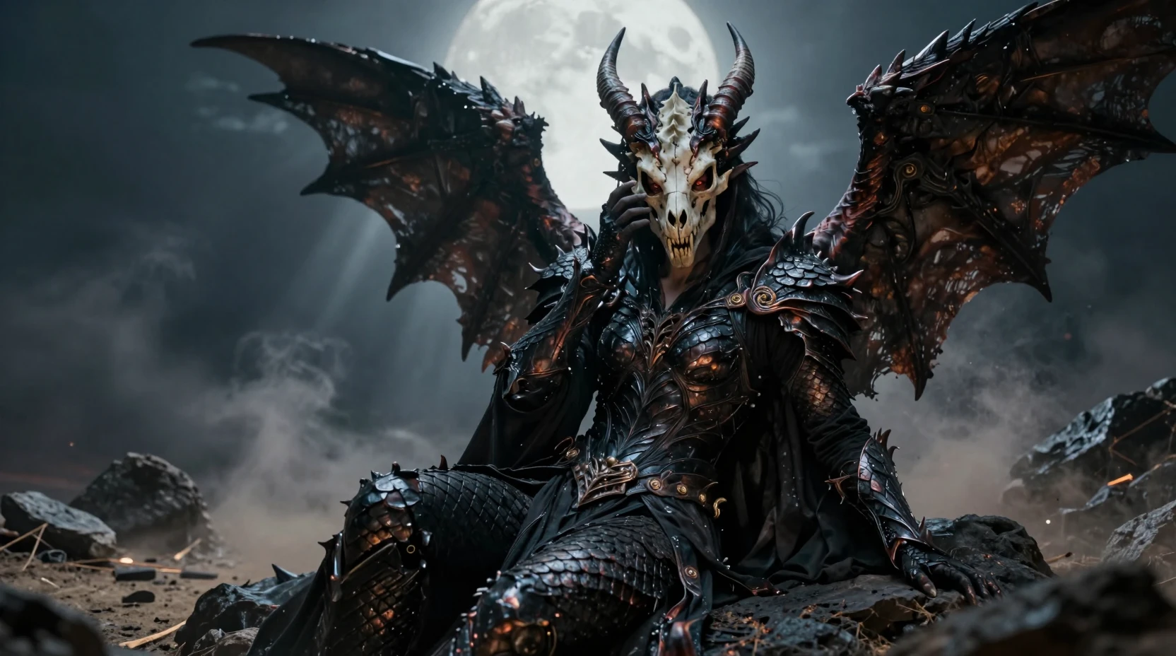 Angelic dragon slayer reclining against rock in moonlit ruin